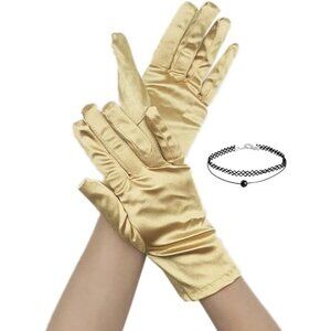 Women's Golden Evening Satin Lace Gloves Choker Necklace Wedding Party Prom